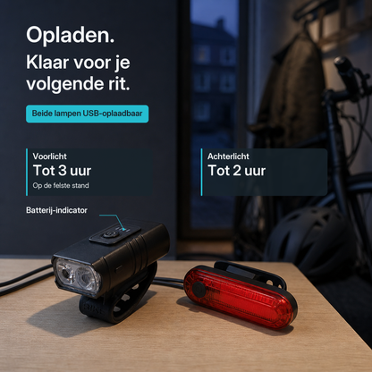 Fietsverlichting Set - Voorlicht en Achterlicht - USB Oplaadbaar - 1000 Lumen - 6 Standen