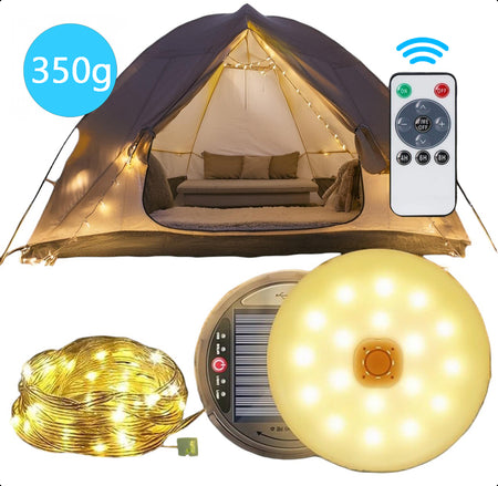 Solar Camping Lichtsnoer Met Afstandsbediening - 10 Meter - IP67 Waterdicht - Oprolbaar - Oplaadbaar - Warm-Wit - Verlichting Buiten Slinger - Lampjes - Lampenslinger - Kampeerlamp - Tentlamp