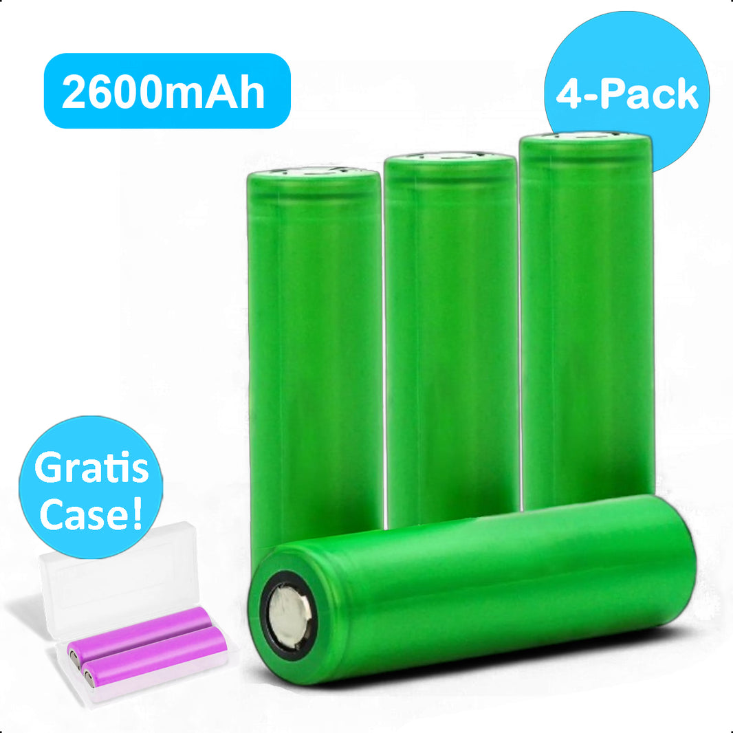 4-Pack 18650 Oplaadbare Batterijen - 2600mAh 3.6V - 7.8A - Li-ion - Flat Top - Houder - Accu - Lithium