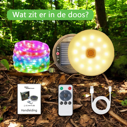 Solar Camping Lichtsnoer Met Afstandsbediening - 10 Meter - IP67 Waterdicht - Oprolbaar - Oplaadbaar - RGB - Warm Wit