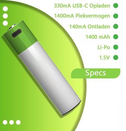 AA USB-C Oplaadbare Batterijen - 4-Pack - 1.5V - 2600mWh - Li-ion - Lithium