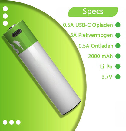 2-Pack 18650 USB-C Oplaadbare Batterijen - Li-ion 3.7V - 2000mAh - Button Top - Accu Pack - Lithium