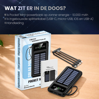 Pocket Mini Solar Powerbank 10000 mAh - Met Ingebouwde Kabels