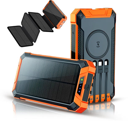 Move One Solar Powerbank - Opvouwbare Zonnepanelen - 26.800mAh Capaciteit - USB-C - Grote - Zonne-energie - Snellader - Outdoor - Wireless Charger - Ingebouwde kabels - Zaklamp - Meerdere Apparaten - Noodpakket - Zwart/Oranje