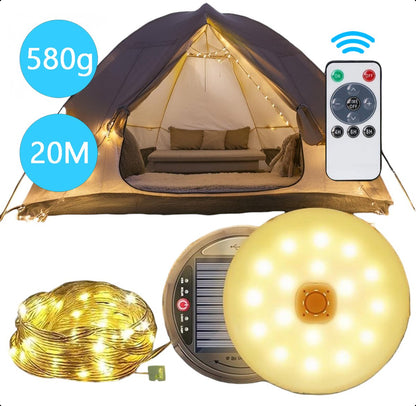 Solar Camping Lichtsnoer Met Afstandsbediening - 20 Meter - IP67 Waterdicht - Oprolbaar - Oplaadbaar - Warm-Wit - Verlichting Buiten Slinger - Lampjes - Lampenslinger - Kampeerlamp - Tentlamp