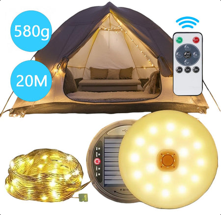 Solar Camping Lichtsnoer Met Afstandsbediening - 20 Meter - IP67 Waterdicht - Oprolbaar - Oplaadbaar - Warm-Wit - Verlichting Buiten Slinger - Lampjes - Lampenslinger - Kampeerlamp - Tentlamp