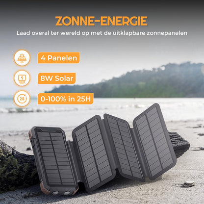 Trek One Solar Powerbank - Opvouwbare Zonnepanelen - 26.800mAh Capaciteit - Opwindbaar - USB-C - Grote - Zonne-energie - Snellader - Outdoor - Wireless Charger - Ingebouwde kabels - Zaklamp - Noodpakket - Zwart/Oranje