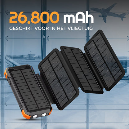 Trek One Solar Powerbank - Opvouwbare Zonnepanelen - 26.800mAh Capaciteit - Opwindbaar - USB-C - Grote - Zonne-energie - Snellader - Outdoor - Wireless Charger - Ingebouwde kabels - Zaklamp - Noodpakket - Zwart/Oranje