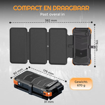Trek One Solar Powerbank - Opvouwbare Zonnepanelen - 26.800mAh Capaciteit - Opwindbaar - USB-C - Grote - Zonne-energie - Snellader - Outdoor - Wireless Charger - Ingebouwde kabels - Zaklamp - Noodpakket - Zwart/Oranje