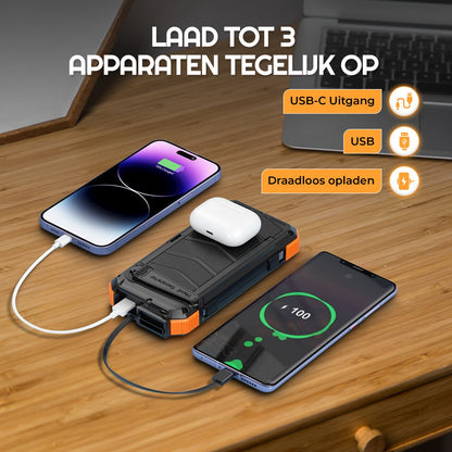 Trek One Solar Powerbank - Opvouwbare Zonnepanelen - 26.800mAh Capaciteit - Opwindbaar - USB-C - Grote - Zonne-energie - Snellader - Outdoor - Wireless Charger - Ingebouwde kabels - Zaklamp - Noodpakket - Zwart/Oranje