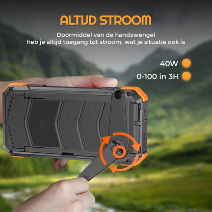 Trek One Solar Powerbank - Opvouwbare Zonnepanelen - 26.800mAh Capaciteit - Opwindbaar - USB-C - Grote - Zonne-energie - Snellader - Outdoor - Wireless Charger - Ingebouwde kabels - Zaklamp - Noodpakket - Zwart/Oranje