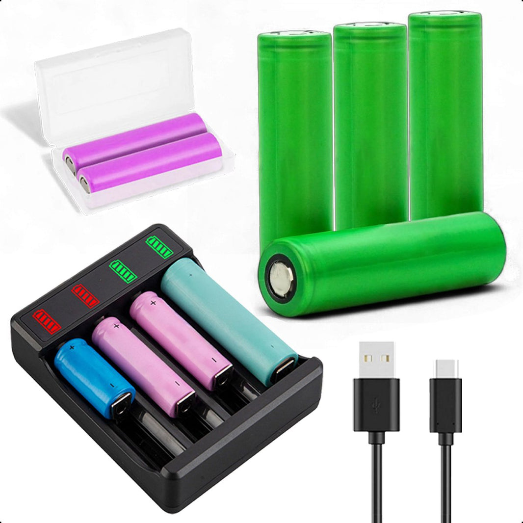 4-Slots Batterijoplader USB-C Met 4x 18650 Oplaadbare Batterijen - 2600mAh 3.6V - 10440/18650 - Li-ion - Flat Top - Houder - Accu - Lithium