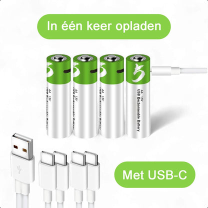 AA USB-C Oplaadbare Batterijen - 4-Pack - 1.5V - 2600mWh - Li-ion - Lithium