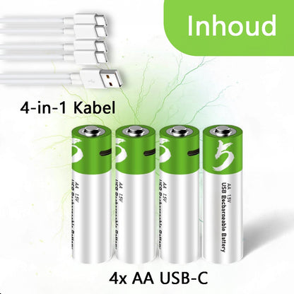 AA USB-C Oplaadbare Batterijen - 4-Pack - 1.5V - 2600mWh - Li-ion - Lithium
