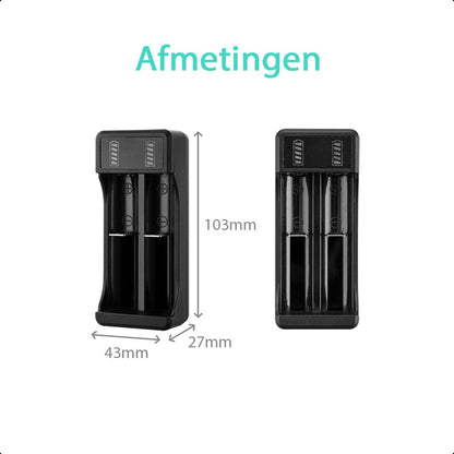 2-Slots Batterijoplader USB-C Met 2x 18650 Oplaadbare Batterijen - 2600mAh 3.6V - 10440/18650 - Li-ion - Flat Top - Houder - Accu - Lithium