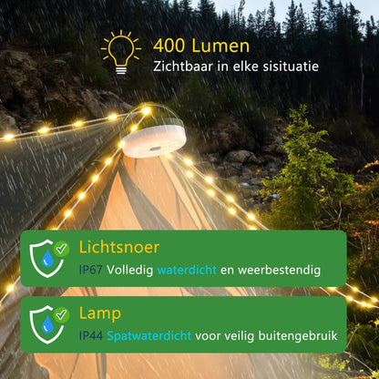 Solar Camping Lichtsnoer Met Afstandsbediening - 20 Meter - IP67 Waterdicht - Oprolbaar - Oplaadbaar - Warm-Wit - Verlichting Buiten Slinger - Lampjes - Lampenslinger - Kampeerlamp - Tentlamp