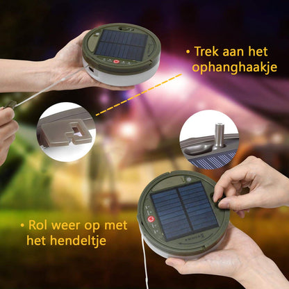 Solar Camping Lichtsnoer Met Afstandsbediening - 20 Meter - IP67 Waterdicht - Oprolbaar - Oplaadbaar - Warm-Wit - Verlichting Buiten Slinger - Lampjes - Lampenslinger - Kampeerlamp - Tentlamp