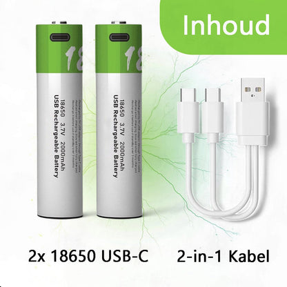 2-Pack 18650 USB-C Oplaadbare Batterijen - Li-ion 3.7V - 2000mAh - Button Top - Accu Pack - Lithium