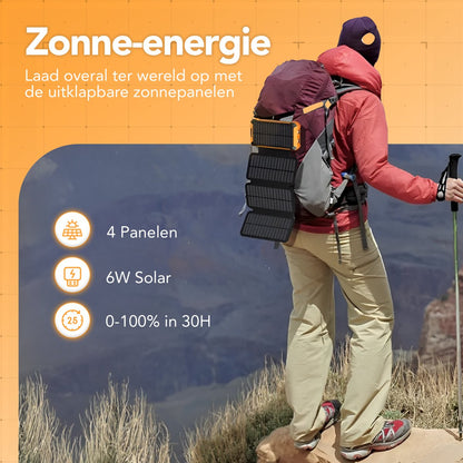 Move One Solar Powerbank - Opvouwbare Zonnepanelen - 26.800mAh Capaciteit - USB-C - Grote - Zonne-energie - Snellader - Outdoor - Wireless Charger - Ingebouwde kabels - Zaklamp - Meerdere Apparaten - Noodpakket - Zwart/Oranje