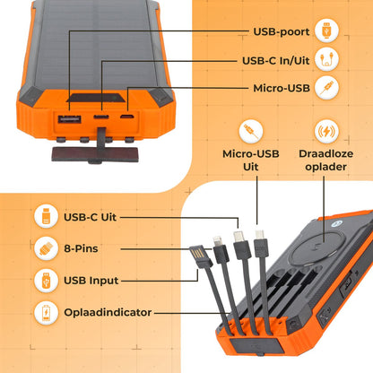 Move One Solar Powerbank - Opvouwbare Zonnepanelen - 26.800mAh Capaciteit - USB-C - Grote - Zonne-energie - Snellader - Outdoor - Wireless Charger - Ingebouwde kabels - Zaklamp - Meerdere Apparaten - Noodpakket - Zwart/Oranje