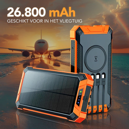 Move One Solar Powerbank - Opvouwbare Zonnepanelen - 26.800mAh Capaciteit - USB-C - Grote - Zonne-energie - Snellader - Outdoor - Wireless Charger - Ingebouwde kabels - Zaklamp - Meerdere Apparaten - Noodpakket - Zwart/Oranje