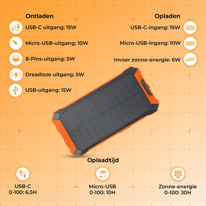 Move One Solar Powerbank - Opvouwbare Zonnepanelen - 26.800mAh Capaciteit - USB-C - Grote - Zonne-energie - Snellader - Outdoor - Wireless Charger - Ingebouwde kabels - Zaklamp - Meerdere Apparaten - Noodpakket - Zwart/Oranje