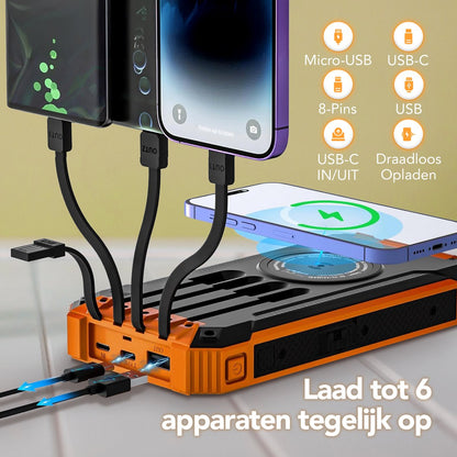 Move One Solar Powerbank - Opvouwbare Zonnepanelen - 26.800mAh Capaciteit - USB-C - Grote - Zonne-energie - Snellader - Outdoor - Wireless Charger - Ingebouwde kabels - Zaklamp - Meerdere Apparaten - Noodpakket - Zwart/Oranje