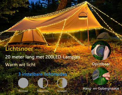 Solar Camping Lichtsnoer Met Afstandsbediening - 20 Meter - IP67 Waterdicht - Oprolbaar - Oplaadbaar - Warm-Wit - Verlichting Buiten Slinger - Lampjes - Lampenslinger - Kampeerlamp - Tentlamp