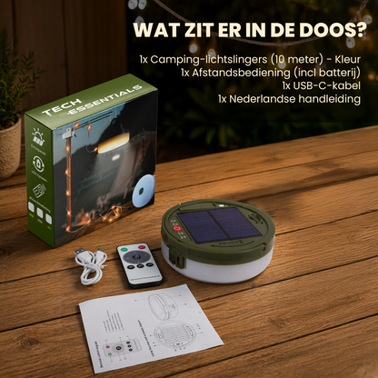 Solar Camping Lichtsnoer Met Afstandsbediening - Warm-Wit+Kleur  - 10M - USB-Oplaadbaar