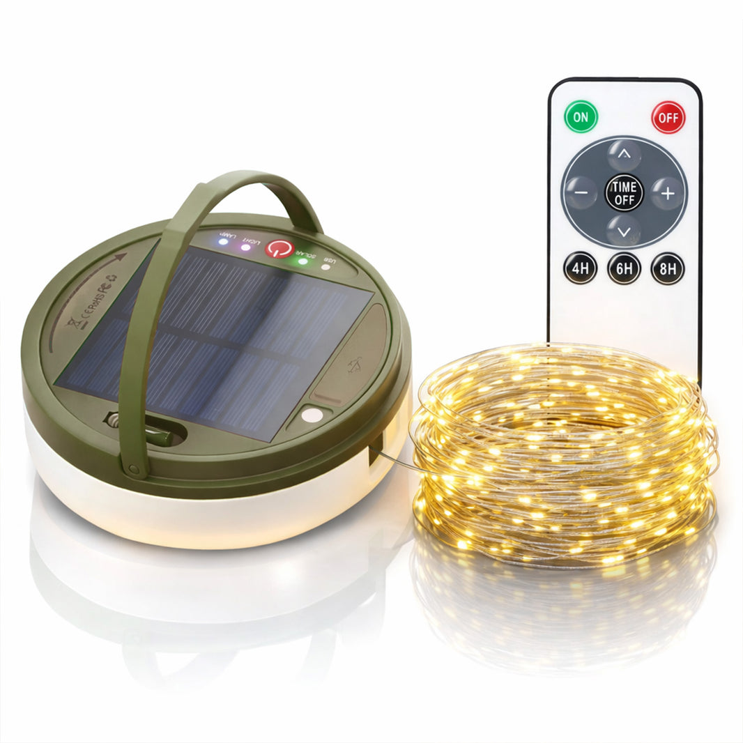 Solar Camping Lichtsnoer Met Afstandsbediening - Warm-Wit - USB-Oplaadbaar