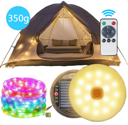 Solar Camping Lichtsnoer Met Afstandsbediening - 10 Meter - IP67 Waterdicht - Oprolbaar - Oplaadbaar - RGB - Warm Wit
