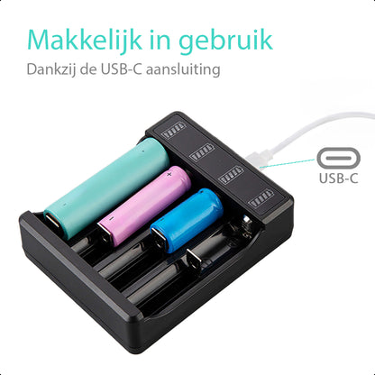 4-Slots Batterijoplader USB-C Met 4x 18650 Oplaadbare Batterijen - 2600mAh 3.6V - 10440/18650 - Li-ion - Flat Top - Houder - Accu - Lithium