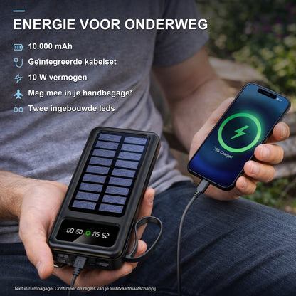 Pocket Mini Solar Powerbank 10000 mAh - Met Ingebouwde Kabels