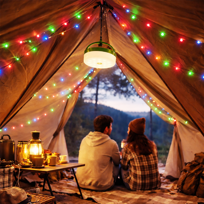 Solar Camping Lichtsnoer Met Afstandsbediening - Warm-Wit+Kleur  - 10M - USB-Oplaadbaar