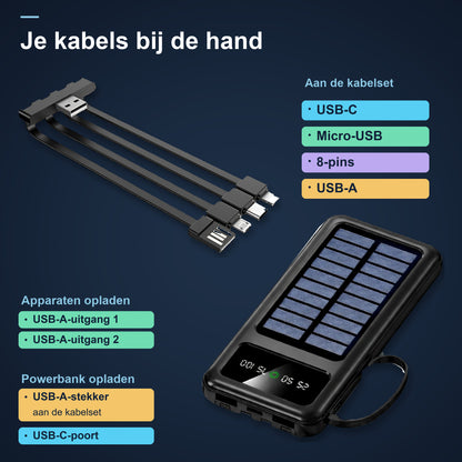 Pocket Mini Solar Powerbank 10000 mAh - Met Ingebouwde Kabels
