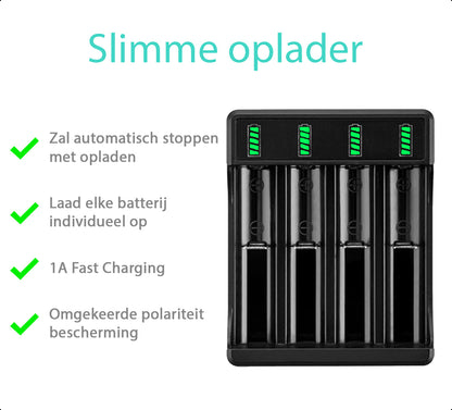 4-Slots Batterijoplader USB-C Met 4x 18650 Oplaadbare Batterijen - 2600mAh 3.6V - 10440/18650 - Li-ion - Flat Top - Houder - Accu - Lithium