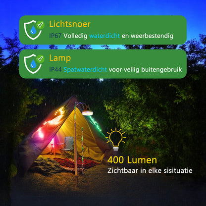 Solar Camping Lichtsnoer Met Afstandsbediening - 10 Meter - IP67 Waterdicht - Oprolbaar - Oplaadbaar - RGB - Warm Wit