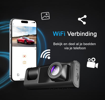 Dual Dashcam S1-Wifi Voor Auto - Met Achteruitrijcamera Universeel - Full HD - Met 64GB Micro SD-Kaart - Met Nachtzicht - APP - Voor En Achter