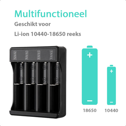 4-Slots Batterijoplader USB-C Met 4x 18650 Oplaadbare Batterijen - 2600mAh 3.6V - 10440/18650 - Li-ion - Flat Top - Houder - Accu - Lithium