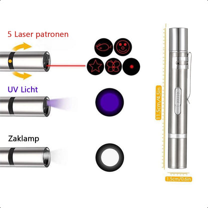 Laserpen 7-In-1 - Dieren - Rood - Oplaadbaar - Patronen - UV Licht