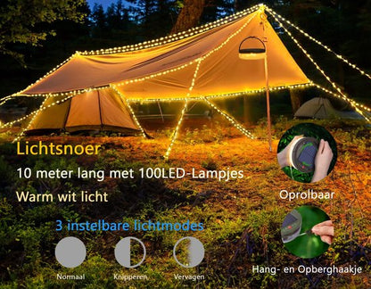 Solar Camping Lichtsnoer Met Afstandsbediening - 10 Meter - IP67 Waterdicht - Oprolbaar - Oplaadbaar - Warm-Wit - Verlichting Buiten Slinger - Lampjes - Lampenslinger - Kampeerlamp - Tentlamp