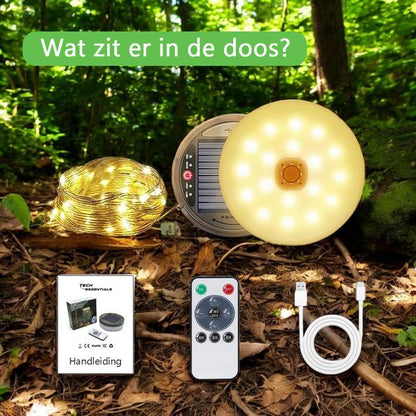 Solar Camping Lichtsnoer Met Afstandsbediening - 10 Meter - IP67 Waterdicht - Oprolbaar - Oplaadbaar - Warm-Wit - Verlichting Buiten Slinger - Lampjes - Lampenslinger - Kampeerlamp - Tentlamp