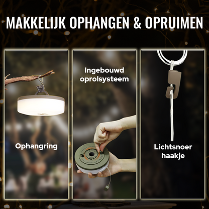 Camping Lichtsnoer Oprolbaar - Warm-Wit - 10M - USB-Oplaadbaar