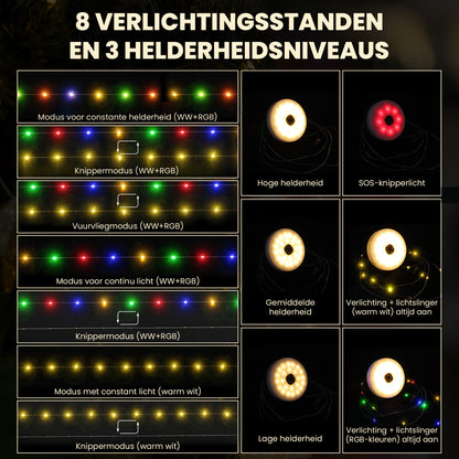 Solar Camping Lichtsnoer Met Afstandsbediening - Warm-Wit+Kleur  - 10M - USB-Oplaadbaar