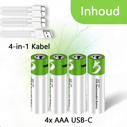 AAA USB-C Oplaadbare Batterijen - 4-Pack - 1.5V - 550mWh - Li-ion - Lithium