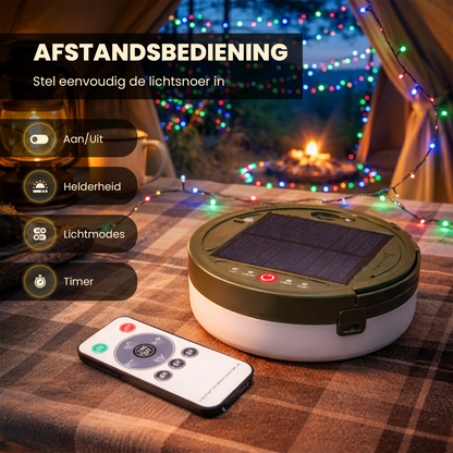Solar Camping Lichtsnoer Met Afstandsbediening - Warm-Wit+Kleur  - 10M - USB-Oplaadbaar