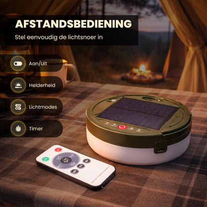 Solar Camping Lichtsnoer Met Afstandsbediening - Warm-Wit - USB-Oplaadbaar
