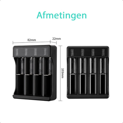 4-Slots Batterijoplader USB-C Met 4x 18650 Oplaadbare Batterijen - 2600mAh 3.6V - 10440/18650 - Li-ion - Flat Top - Houder - Accu - Lithium