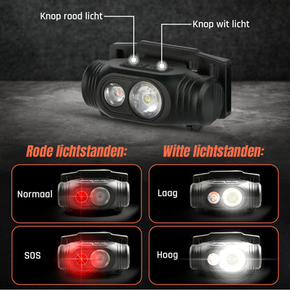 Hoofdlamp Ultra Light LED Oplaadbaar - Wit En Rood Licht - 150Lumen - Kantelbaar